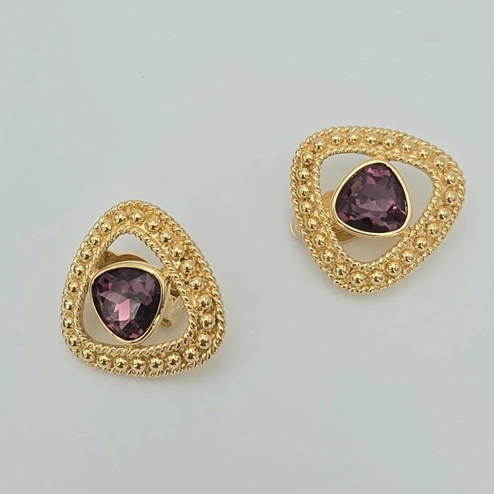 Vtg Signed SWAROVSKI Triangular Earrings Clip-On Amethyst Crystal 18k Gold Plate - Picture 12 of 14